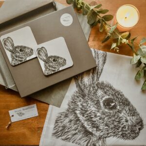 Wild Rabbit Coaster & Organic Cotton Tea Towel Gift Set